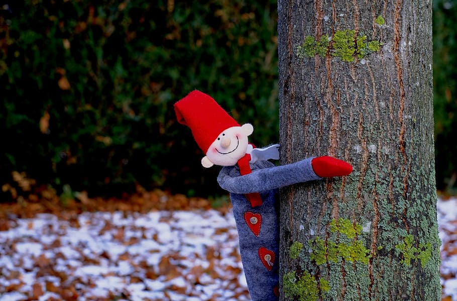 imp, jugar, hivern, fred, jardí, representació, planta, arbre, vermell, joguina, dia, tronc de l'arbre, naturalesa, tronc, representació humana, art i artesania, cap gent, creativitat, material de fusta, joguina de peluix, semblança masculina, centrar-se en primer pla, terra, a l'aire lliure, 1080P