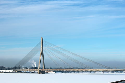 bridge, architecture, river, sky, blue, snow, frozen, cable-stayed bridge, modern, building, metal frame, bridge piers, pylon, clouds, hell, bridge - Man Made Structure, famous Place, suspension Bridge, connection, built structure, transportation, engineering, cloud - sky, nature, day, water, outdoors, cold temperature, travel destinations, steel, 5K, CC0, public domain, royalty free