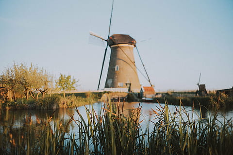 brown, windmill, beside, body, water, houses, park, netherland, landmark, travel, outdoor, lake, nature, grass, tree, plant, sunset, sunrise, sky, lighthouse, environmental conservation, turbine, fuel and power generation, wind turbine, reflection, no people, renewable energy, wind power, environment, architecture, day, alternative energy, built structure, outdoors, 5K