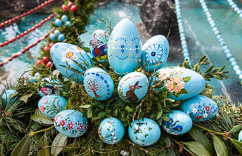 blue, easter egg decors, easter, easter eggs, colorful, customs, painted egg, egg, holiday, easter egg, celebration, decoration, art and craft, no people, multi colored, close-up, nature, food, plant, high angle view, pattern, focus on foreground, food and drink, floral pattern, outdoors, ornate, 4K, CC0, public domain, royalty free