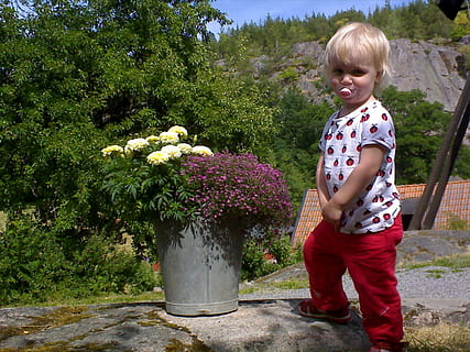 børn, blomster, spand, plante, barn, barndom, stående, rigtige mennesker, en person, træ, fritidsaktivitet, afslappet tøj, vækst, natur, fuld længde, hanner, dag, drenge, herrer, livsstil, uskyld, udendørs, 720P, CC0, offentligt domæne, royaltyfrie