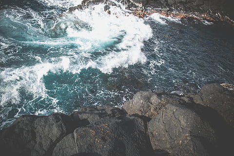 sea, landscape, beach, water, daylight, environment, high angle shot, ocean, outdoors, rock, rocks, scenic, seafoam, seascape, seashore, stream, summer, surf, travel, waves, motion, solid, rock - object, sport, beauty in nature, aquatic sport, surfing, nature, wave, land, rock formation, day, scenics - nature, power in nature, flowing water, breaking, rocky coastline, 5K, CC0, public domain, royalty free