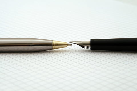 grey, ballpoint pen, black, fountain pen, a4, accounts, admin, administration, ballpoint, biro, business, cashflow, closeup, close-up, commerce, competition, corporate, corporation, engineer, finance, financial, head to head, ideas, investment, macro, marketing, mathematics, maths, maths paper, merchant, on white, paper, pens, reporting, shallow dof, solutions, two, white, write, writing, written, pen, indoors, studio shot, writing instrument, communication, copy space, no people, document, data, connection, still life, two objects, letter, office, office supply, blue background, message, 2K, CC0, public domain, royalty free