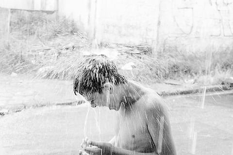 boy, taking, bath, outdoors, raining, cold, fresh, ice bucket challenge, one person, day, lifestyles, focus on foreground, real people, nature, leisure activity, water, motion, young adult, shirtless, men, child, headshot, side view, standing, adult, teenager, digital composite, contemplation, 4K, CC0, public domain, royalty free