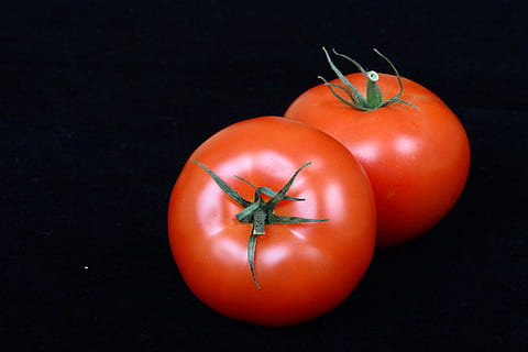 dos tomates rojos, tomate, vegetal, rojo, comida y bebida, comida, Fruta, alimentación saludable, bienestar, fondo negro, frescura, adentro, foto de estudio, naturaleza muerta, color naranja, nadie, de cerca, alimentos crudos, color verde, maduro, grupo de objetos, comida vegetariana, 2K, CC0, dominio público, libre de derechos