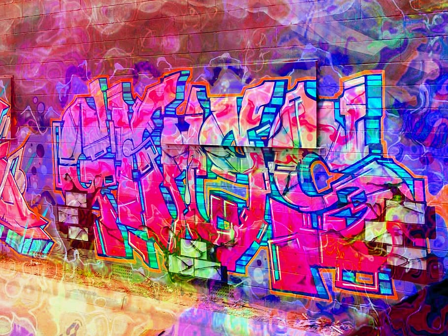 graffiti, maons, rosa, fluorescent, paret, pintura, dibuixar, color, urbà, multicolor, resum, fons, blau, color vibrant, cap gent, a l'interior, primer pla, holi, creativitat, text, guió occidental, art i artesania, marc complet, funció de construcció de parets, desordenat, comunicació, estructura construïda, arquitectura, elecció, art de carrer, grolleria, dia, gargots, missatge, 4K