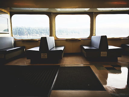 couch, forest, public transportation, seats, train, transport, transportation, travel, traveling, trees, window, seat, water, no people, day, vehicle interior, glass - material, nature, empty, sky, vehicle seat, absence, sea, mode of transportation, indoors, transparent, nautical vessel, chair, luxury, 2K, CC0, public domain, royalty free