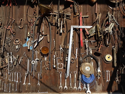 tools, atelier, key, wall, work tool, indoors, large group of objects, equipment, tool, metal, workshop, hanging, variation, no people, choice, hand tool, still life, technology, wall - building feature, machinery, abundance, collection, machine part, close-up, garage, spanner, repair shop, mechanic, 2K, CC0, public domain, royalty free