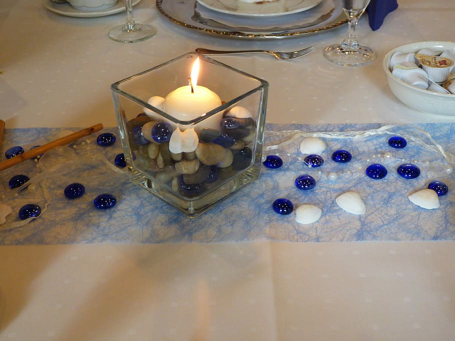 tavolo, decorazione, candela, conchiglia, decorazione della tavola, decoratori, luce, fiamma, in casa, ardente, nessuno, fuoco, vista dall'alto, fuoco - fenomeno naturale, luce del tè, illuminato, calore - temperatura, cibo, cibo e bevande, bicchiere, natura, natura morta, stanza domestica, contenitore, attrezzature domestiche, ambientazione, 4K