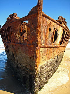 brown, rusty, ship, docked, shore, ship wreck, fraser island, australia, east coast, downunder, wreck, nautical Vessel, shipwreck, sea, transportation, decline, abandoned, deterioration, obsolete, clear sky, sky, old, run-down, nature, no people, beach, damaged, metal, mode of transportation, water, outdoors, ruined, 1080P, CC0, public domain, royalty free
