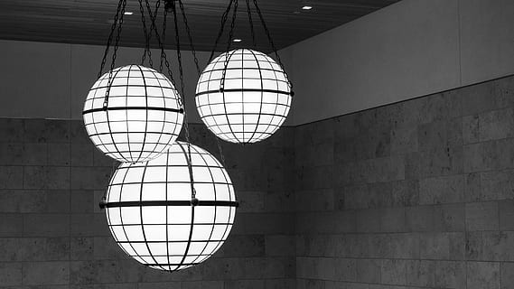 lights, shapes, circle, spherical, decoration, modern, design, hanging, lighting equipment, indoors, ceiling, illuminated, no people, pattern, lantern, sphere, architecture, low angle view, shape, day, built structure, wall - building feature, light, close-up, electric lamp, 5K, CC0, public domain, royalty free