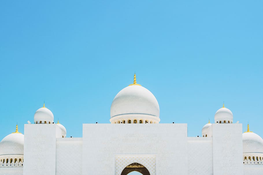 foto, blanc, groc, edifici, mesquita, arquitectura, cúpula, cel, simetria, referència, fletxa, brillant, blau, netejar, línies, emirats, Abu Dhabi, Sheikh, monestir, exterior de l'edifici, religió, estructura construïda, creença, destinacions de viatge, lloc de culte, naturalesa, espiritualitat, cel clar, viatjar, cap gent, ciutat, Color blanc, a l'aire lliure, 4K