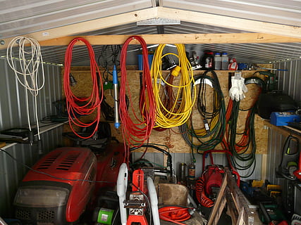 red, ride-on lawn mower, Garage, Tool, Cable, Scale, Hut, Work, tractor, gloves, tool shed, devices, technology, indoors, no people, industry, computer cable, connection, wire, large group of objects, metal, computer, electricity, complexity, messy, close-up, control, equipment, occupation, business, fuel and power generation, communication, power supply, electrical equipment, 2K, CC0, public domain, royalty free
