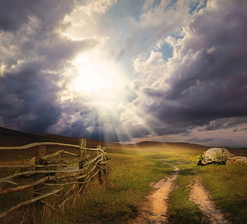grassfield during sunrise, fantasy, landscape, mountains, fields, road, clouds, storm, fence, wood, agriculture, story, sun, rays, dark, nature, cloud - Sky, rural Scene, outdoors, scenics, sky, summer, cloudscape, environment, scenics - nature, land, tranquility, tranquil scene, beauty in nature, grass, field, the way forward, no people, sunlight, dirt, direction, 1080P, CC0, public domain, royalty free