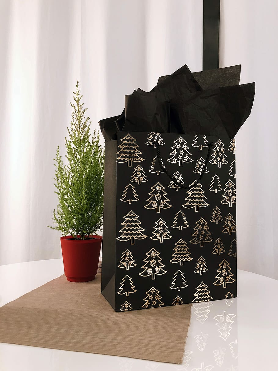 nero, grigio, sacchetto di carta, tavolo, bianca, regalo, presente, albero, fogliame, pentola, in casa, rosso, pianta in vaso, nessuno, modello, pianta, interno di casa, giorno, Natale, natura morta, tessile, moda, finestra, colore nero, tenda, vacanza, capi di abbigliamento, caratteristica della parete, motivo floreale, 4K
