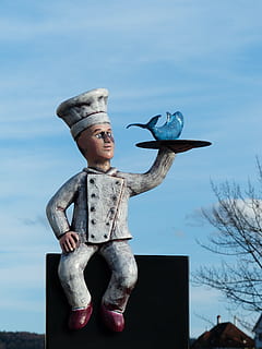 chef, holding, tray, blue, fish statue, cooking, kitchen, fish, preparation, presentation, eat, meal, chef's hat, man, person, restaurant, serve, fish dish, sky, childhood, representation, child, males, nature, creativity, art and craft, day, human representation, front view, boys, men, people, clothing, male likeness, focus on foreground, innocence, 4K, CC0, public domain, royalty free