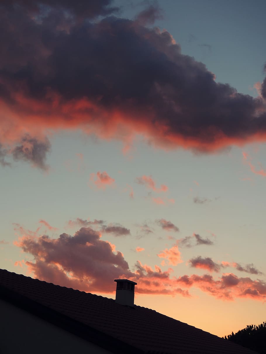 silhuet foto, hus, skorsten, Sky, himmel, solnedgang, solopgang, orange, sky - himmel, arkitektur, bygget struktur, orange farve, bygning udvendig, natur, bygning, silhuet, ingen mennesker, lav vinkel visning, udendørs, skønhed i naturen, tag, skumring, høj sektion, fabrik, dramatisk himmel, romantisk himmel, 4K