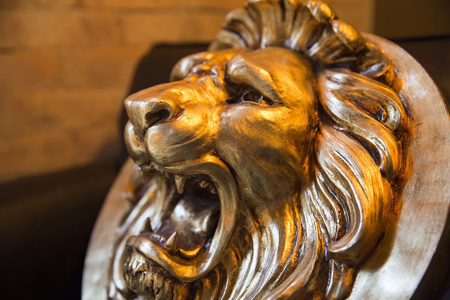 lleó, llum, màscara, cap gent, art i artesania, primer pla, a l'interior, menjar i beguda, escultura, centrar-se en primer pla, artesania, representació, estàtua, menjar, color daurat, representació animal, animal, lleó - felí, creativitat, material de fusta, sol objecte, frescor, metall, 5K