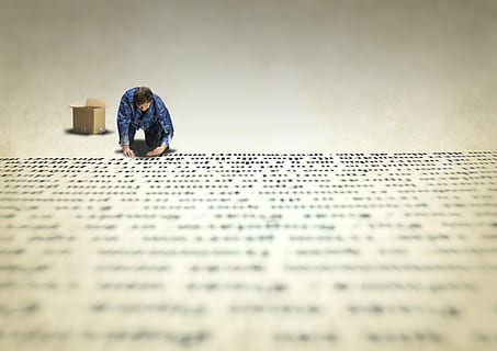 man, blue, shirt, black, pants, type, printer, manual, gutenberg, work, letters, text, sign, people, one Person, men, full length, paper, nature, education, arts culture and entertainment, indoors, selective focus, adult, newspaper, day, copy space, sitting, occupation, architecture, rear view, studying, 2K, CC0, public domain, royalty free