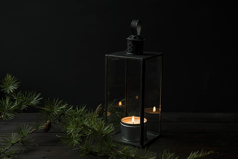 luminat, lumânare, interior, negru, suport pentru felinar, metal, încadrată, tealight, flacără, felinar, întuneric, ramură, noapte, joanna kosinska, dispozitie, toamnă, verde, molid, ardere, iluminat, foc, nici o persoana, foc - fenomen natural, echipamente de iluminat, temperatura - temperatură, recipient, natură, în interior, Fundal negru, copac, plantă, celebrare, studio shot, ceai lumina, 5K, CC0, domeniu public, fără drepturi de autor
