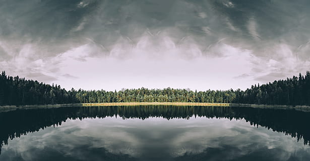 body, water, surrounded, trees, cloudy, sky, green, forest, waters, daytime, green forest, cloud, lake, reflection, shore, nature, landscape, scenics, outdoors, tree, canada, cloud - Sky, beauty In Nature, mountain, tranquil Scene, no People, wilderness Area, summer, green Color, mountain Range, color Image, tranquility, scenics - nature, plant, idyllic, non-urban scene, day, symmetry, reflection lake, 2K, CC0, public domain, royalty free