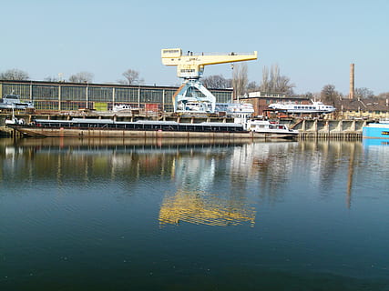 crane, danube, shipyard, industry, water, reflection, sky, transportation, machinery, mode of transportation, built structure, nature, waterfront, architecture, day, no people, nautical vessel, building exterior, clear sky, crane - construction machinery, outdoors, lake, construction equipment, 4K, CC0, public domain, royalty free