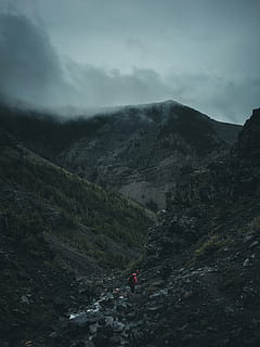 man, wandelen, rotsachtig, berg-, persoon, boom, zomer, koude, nevelig, regen, wolk, bergtop, mist, aardsgezind, aarde, buitenshuis, hike, Bos, reizen, natuur, scenics - natuur, schoonheid in de natuur, bergketen, niet-stedelijke scène, milieu, hemel, rustige scène, vrijetijdsbesteding, kalmte, wolk - lucht, activiteit, landschap, echte mensen, avontuur, vervoer, rots, dag, 2K, CC0, publiek domein, royaltyvrij