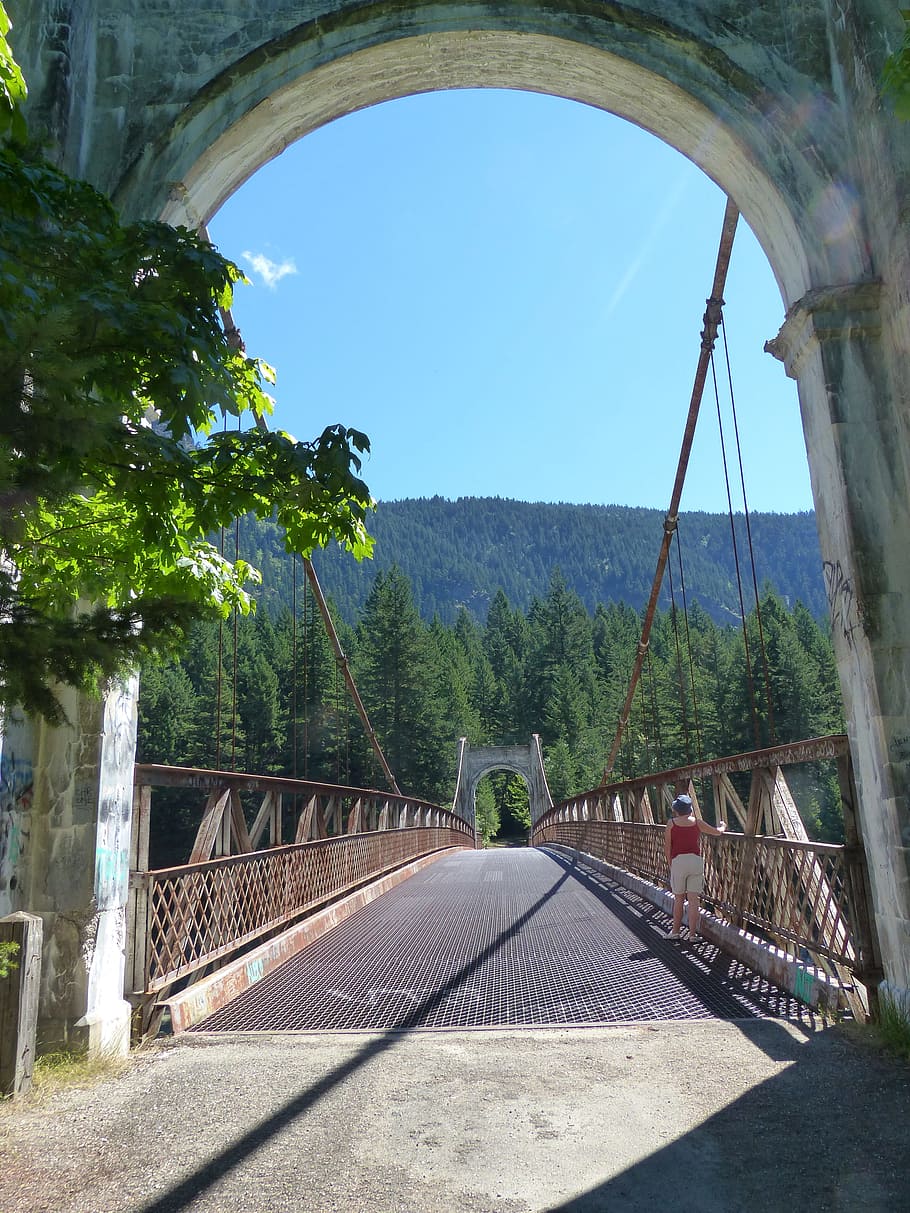 pont d'Alexandra, pont, edifici, estructura, arquitectura, referència, viatjar, turisme, urbà, famós, atracció, paisatge, vall del riu Fraser, a l'aire lliure, antic, història, històric, visites turístiques, Columbia Britànica, Canadà, arbre, planta, naturalesa, cel, estructura construïda, llum solar, dia, el camí a seguir, cap gent, direcció, ombra, arc, muntanya, transport, creixement, aigua, connexió, bellesa a la natura, 4K