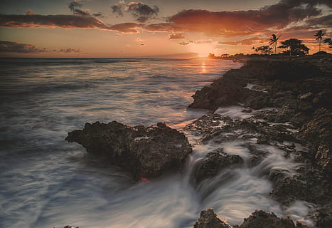mare, natura, cielo, spiaggia, nuvole, crepuscolo, isola, tempo libero, oceano, riflessione, rocce, Schiuma marina, paesaggio marino, riva del mare, silhouette, tempesta, sole, Alba, tramonto, Surf, viaggio, vacanza, acqua, scenics - natura, bellezza nella natura, roccia, roccia - oggetto, solido, nuvola - cielo, movimento, terra, lunga esposizione, la tranquillità, onda, orizzonte, scena tranquilla, orizzonte sull'acqua, all'aperto, nessuno, rottura, 5K, CC0, dominio pubblico, privo di copyright