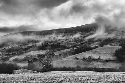 grayscale photo, mountain, mist, field, landscape, clouds, low, fog, rural, countryside, scenery, country, nature, environment, outdoor, meadow, cloud - sky, scenics - nature, beauty in nature, sky, no people, tranquility, non-urban scene, tranquil scene, day, cold temperature, land, winter, tree, water, outdoors, 5K, CC0, public domain, royalty free