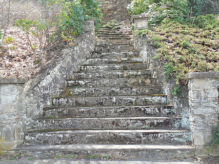 grå, beton, trappe, græsfelt, murværk, trin, væg, sten-, mursten, gammel, struktur, arkitektur, hus, konstruktion, årgang, design, cement, materiale, mønster, ydre, forvitret, blok, udendørs, antik, gips, traditionel, alderen, ru, clambering, trapper og trapper, bygget struktur, vejen frem, retning, ingen mennesker, dag, plante, lav vinkel visning, solid, bygning udvendig, stenmateriale, natur, historie, træ, rækværk, flytter op, Stenmur, ødelagt, 4K, CC0, offentligt domæne, royaltyfrie