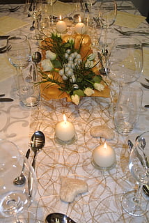 dinner, table, gedeckter table, cozy, invitation, covered, candle, illuminated, indoors, decoration, burning, lighting equipment, no people, fire, fire - natural phenomenon, flame, tea light, celebration, glowing, glass, wineglass, glass - material, christmas decoration, christmas, setting, christmas ornament, 4K, CC0, public domain, royalty free