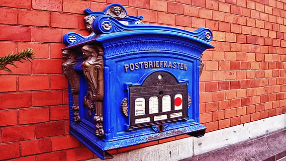 mailbox, post, blue, blacksmithing, architecture, wall, brick, brick wall, built structure, wall - building feature, building exterior, text, representation, communication, no people, day, red, art and craft, statue, sculpture, mail, creativity, human representation, 1080P, CC0, public domain, royalty free