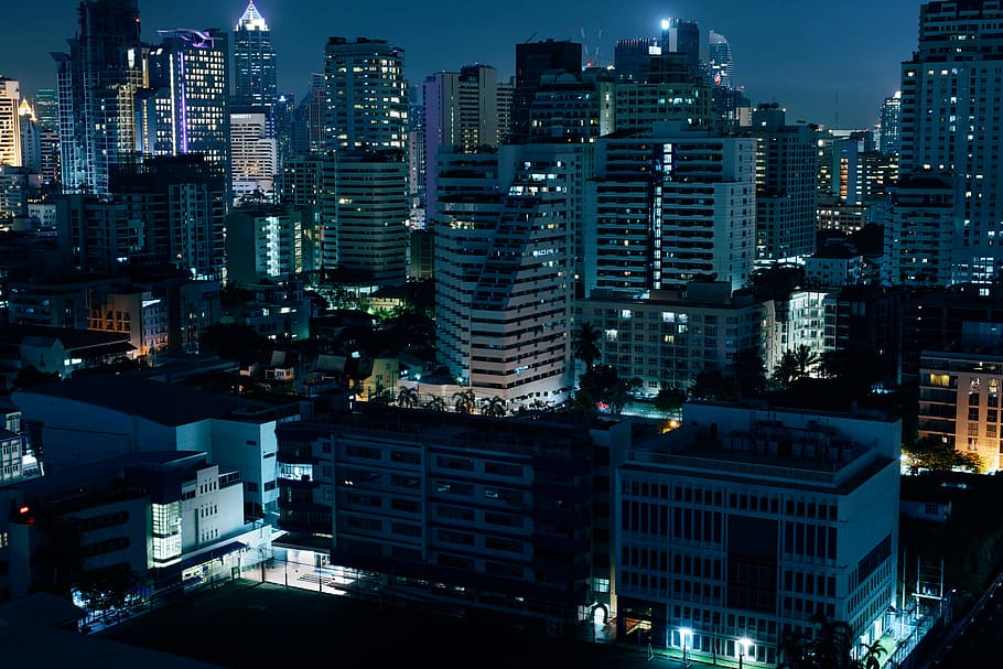 antenne, fotografering, by, flugt, nat, fotografi, bybilledet, skyskraber, arkitektur, skyline, lys, by-, gade, vej, bygning, lang eksponering, nightscape, Thailand, bangkok, bygning udvendig, bygget struktur, kontorbygning udvendig, belyst, boligområde, høj - høj, ingen mennesker, moderne, byliv, høj vinkel visning, tårn, landskab, udendørs, lejlighed, natteliv, finansdistrikt, 5K
