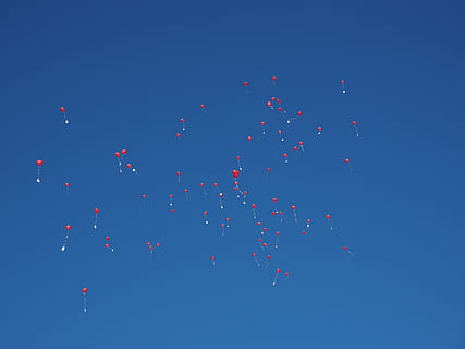balloons, fly, wedding, congratulations, congratulation, rise, upgrade, heart, love, romance, romantic, relationship, red, heart shaped, wedding day, flap away, entschweben, sky, flying, balloon, mid-air, blue, low angle view, celebration, no people, nature, event, large group of objects, clear sky, multi colored, motion, day, freedom, sunny, outdoors, emotion, celebration event, message, 4K, CC0, public domain, royalty free