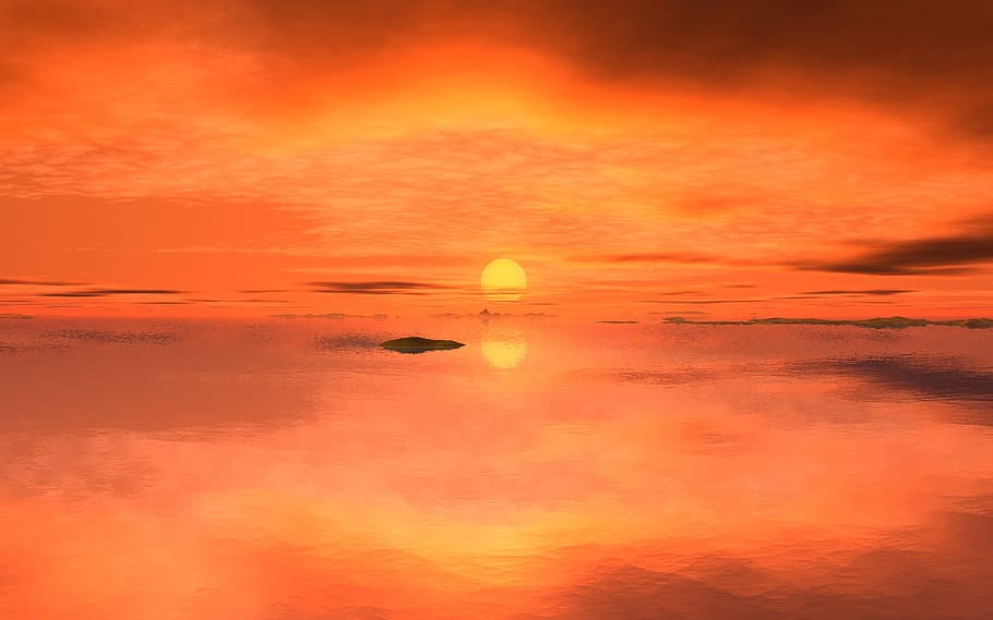 legeme, vand, solnedgang, sol, solopgang, aften, morgen, Abendstimmung, Morgenstimmung, hav, humør, rød, nuancer af rødt, varme, farvel, i begyndelsen, ende, ny begyndelse, spejling, lys, dis, horisont, skyer, øer, orange farve, himmel, scenics - natur, skønhed i naturen, sky - himmel, ro, rolig scene, afspejling, ingen mennesker, dramatisk himmel, natur, luftfartøj, rejse, miljø, udendørs, idyllisk, romantisk himmel, 720P