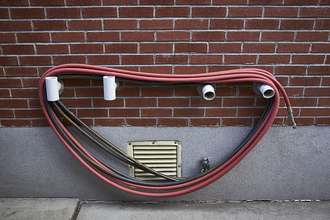 brick wall, hose, wall, wall - Building Feature, metal, brick, no people, architecture, day, built structure, red, security, safety, outdoors, protection, empty, close-up, absence, city, pattern, arrival, 1080P