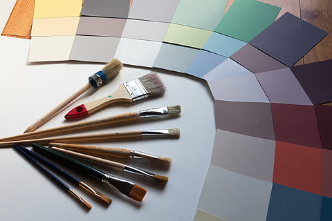 color patterns, brush, design, wall gestalter, trend colors, decision, interior designer, interior-design, evaluation, color picker, paintbrush, multi Colored, creativity, colors, artist, indoors, still life, choice, art and craft, directly above, high angle view, paper, large group of objects, variation, no people, pencil, writing instrument, pen, table, pattern, close-up, rubber, studio shot, colored pencil, color swatch, 4K, CC0, public domain, royalty free