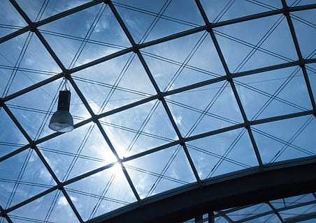 photo, black, frame glass ceiling, daytime, architecture, ceiling, design, glass, lamp, sky, sunrays, transparent, public domain images, built structure, low angle view, pattern, building exterior, shape, day, blue, modern, travel, window, no people, geometric shape, triangle shape, nature, skylight, glass - material, outdoors, 4K, CC0, public domain, royalty free