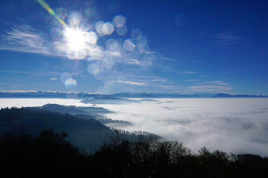 boira, cel, naturalesa, arbres, hivern, tardor, humor, paisatge, sol, assolellat, bellesa, temps, època de l’any, cantó, núvols, blau, blanc, llac, suïssa, núvol - cel, escenics, a l'aire lliure, cap gent, llum solar, bellesa a la natura, dia, tranquil·litat, escena tranquil·la, escenics - natura, arbre, flare de la lent, planta, medi ambient, silueta, raig de sol, escena no urbana, lluna plena, brillant, llum de la lluna, 5K