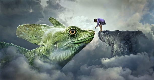 Kind, Stehen, Rock, gegenüber, Chamäleon 3, 3d, Tapete, Fantasie, Drachen, Eidechse, Futter, Mädchen, Fütterung, Wolken, Märchen, Himmel, Grün, Traumwelt, mystisch, atmosphärisch, freundlich, komponieren, ein Tier, Tierthemen, Tag, Tiere in freier Wildbahn, Wasser, Tierwelt, Nahansicht, draußen, keine Leute, Natur, wolke - himmel, eine Person, Seitenansicht, digitaler Verbund, Erwachsene, Umgebung, Abenteuer, Schönheit in der Natur, Tierkörperteil, klettern, in voller Länge, Sicherheit, Anstrengung, 1080P, CC0, gemeinfrei, lizenzfrei