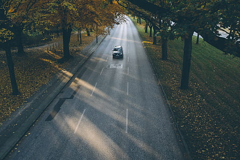 Auto, Straße, einsam, unterwegs, andere, der Verkehr, Transport, Fahren, Landfahrzeug, draußen, Autobahn, Transportart, High Angle View, Tag, keine Leute, Transportmittel, Kraftfahrzeug, Baum, Pflanze, der Weg nach vorn, Richtung, Natur, Bewegung, Sonnenlicht, Zeichen, die Straßenmarkierung, Markierung, 4K