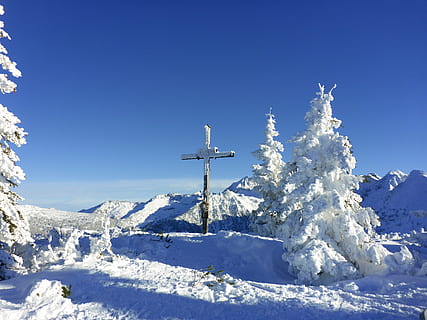 Brun, kryds, dækket, sne, bjerg, træer, vinter, topmødet kryds, alpine, bjerge, østrig, skiområde, sol, snedækket, delvist skyet, kold, vinterlige, isnende, ski, udsigt, drømmedag, stille, fredelig, kold temperatur, hvid farve, blå, natur, Frosset, is, jul, ingen mennesker, himmel, dag, skyfri himmel, religion, scenics - natur, skønhed i naturen, tro, ro, rolig scene, sollys, symbol, snedækket bjerg, 4K, CC0, offentligt domæne, royaltyfrie