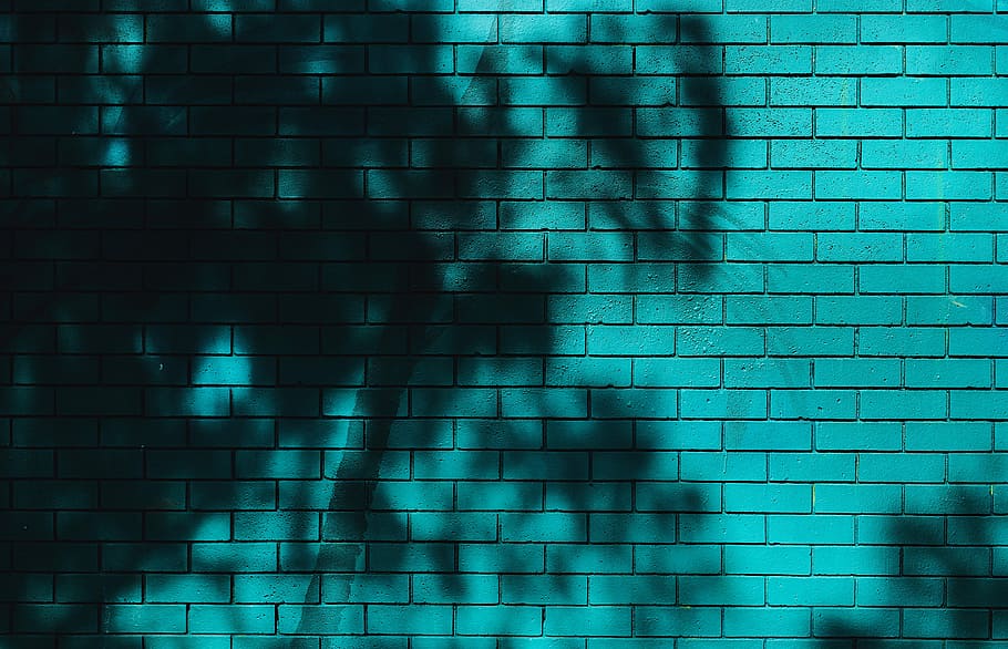 Foto, Petrol / Ziegelmauer, Ziegelwand, blaues Licht, Schatten, Nacht-, Farbe, Blau, Backstein, Textur, Blau Grün, Sonnenscheinküste, Palme, Türkis, aqua, Wand, Vollbild, Wandbau - Funktion, Muster, keine Leute, Hintergründe, gebaute Struktur, texturiert, die Architektur, Tag, Sonnenlicht, Bodenbelag, Gebäudehülle, Fliese, draußen, Natur, türkisfarben, 5K