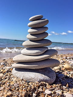 Rock, Stack, Balance, Beach, Lake, Stone, nature, pebble, sea, stone - object, land, solid, sky, water, day, sunlight, tranquility, rock - object, beauty in nature, sand, horizon over water, no people, outdoors, 2K, CC0, public domain, royalty free