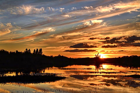 lang, eksponering fotografering, silhuet, skyer, træer, lang eksponering fotografering, solnedgang, tusmørke, aften, sol, sø, vand, refleksioner, himmel, Québec, Canada, natur, skumring, orange farve, sollys, scenics, sky - himmel, landskab, udendørs, afspejling, skønhed i naturen, sommer, rolig scene, solopgang - daggry, cloudscape, ro, scenics - natur, ingen mennesker, idyllisk, træ, ikke-urbane scene, plante, romantisk himmel, 5K, CC0, offentligt domæne, royaltyfrie