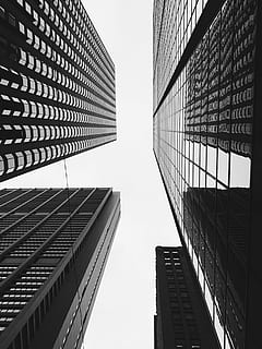 foto in scala di grigi ad angolo basso, grattacielo, costruzione, Basso, fotografia ad angolo, alto, sorgere edifici, giorno, architettura, Torre, finestra, riflessione, struttura costruita, esterno dell'edificio, Inquadratura dal basso, città, alto - alto, edificio per uffici esterno, ufficio, moderno, cielo, nessuno, cielo sereno, natura, all'aperto, direttamente sotto, vetro - materiale, distretto finanziario, 2K, CC0, dominio pubblico, privo di copyright