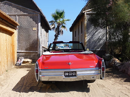 rood, cadillac, converteerbaar, geparkeerd, naast, boom, Saint Tropez, auto, Old Timer, strand, zand, oldtimer auto, palm, klassiek, Zuiden van Frankrijk, middellandse Zee, zee, landvoertuig, buitenshuis, vervoer, oubollig, retro gestileerd, wijze van transport, motorvoertuig, architectuur, ingebouwde structuur, buitenkant van het gebouw, dag, natuur, gebouw, zonlicht, huis, fabriek, schaduw, vintage auto, land-, luxe, 2K, CC0, publiek domein, royaltyvrij