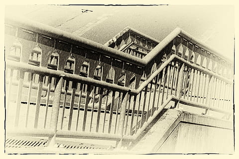 monochrome, structures, architecture, black And White, old-fashioned, built structure, building exterior, auto post production filter, transfer print, building, railing, no people, day, low angle view, residential district, staircase, outdoors, city, house, sky, nature, metal, safety, window, apartment, 1080P, CC0, public domain, royalty free