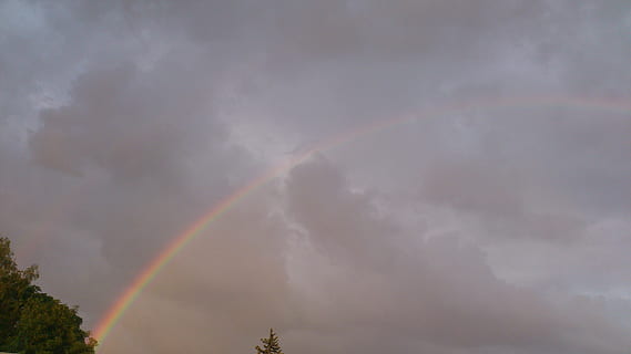 rainbow, thunderstorm, weather, clouds, sky, bent, cloud - sky, beauty in nature, scenics - nature, low angle view, nature, no people, multi colored, tranquility, double rainbow, tranquil scene, day, overcast, idyllic, outdoors, storm, plant, tree, 2K, CC0, public domain, royalty free